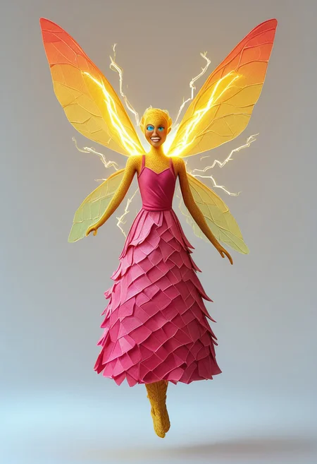 Fairy flying through a forest at sunset, reddish and yellowish colors, she dressed in a pink dress, made of filaments, her wings also made of white, green and fluorescent yellow filaments, all high definition, cinematic, truly real scene, 8k, expression of happiness, tranquility, very beautiful, very well-formed body, looking at the camera, blue eyes., electricity, glowing, portrait, colored skin, grey background, teeth, simple background, yellow eyes, skin made of electrical cables, clothing made from electrical cables, floating, indoors, wires, made of wires, cables, outlined with wires, wire sculpture, neon wire sculpture, gradient overlay, PonyXLV6_Scores