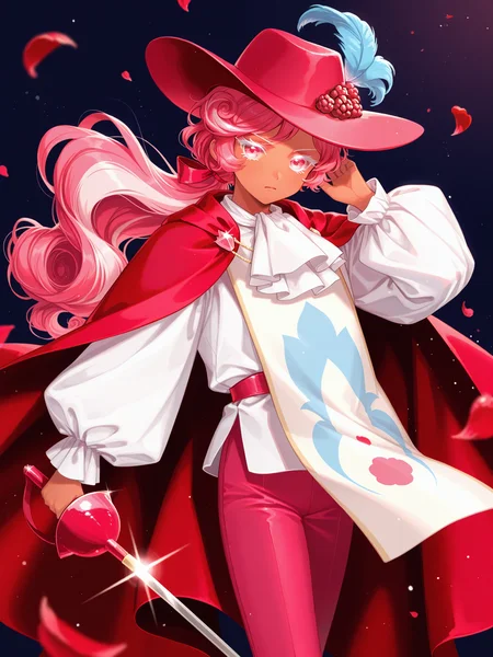yoshino ns, <lora:CRKMousseXL:1> CRK_Mousse, 1boy, long hair, streaked hair, hat, hat feather, rapier, holding sword, white eyelashes, puffy sleeves, pink pants, red cape, ascot, low ponytail, white shirt, white footwear, tabard,
simple background, depth of field, cowboy shot, light particles, rose petals, falling petals, <lora:cfg_scale_boost:0.5> looking at viewer, glowing, white eyelashes, serious, androgynous, dark skin, raspberry hat ornament, tan, curly hair,