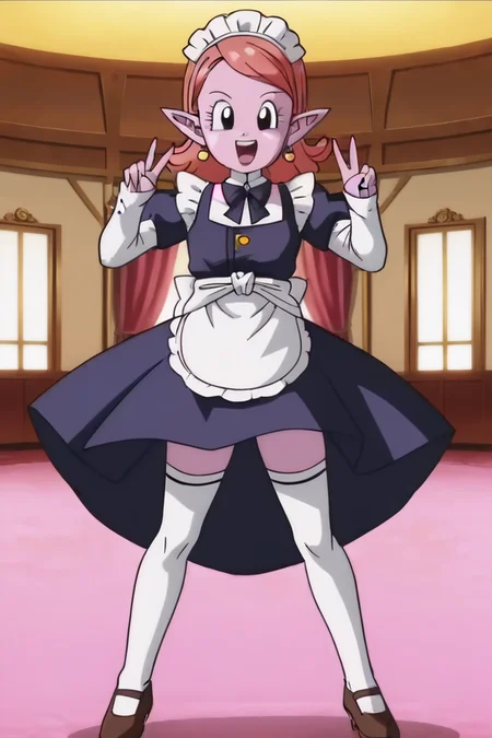 source_anime, score_9, score_8_up, score_7_up, anime screencap,8k, absurdres,
chronoa, 1girl, solo, bare shoulders, potara earrings, orange hair, pointy ears, black eyes, colored skin, purple skin, official style,
maid headdress, maid, thighhighs, double v, happy, indoors, mansion,
<lora:chronoa_pony_v1:0.8>
