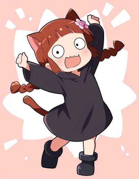 <lora:Grgrkukuri_SDXL_Illustrious01_fp16_ver01:1>,Grgrkukuri,1girl,solo,  blunt bangs,robe, braid, brown eyes, twin braids,brown hair,black robe,boots,hair flower,open mouth,<|> <|>,slit pupils,:3, cat ears,solid oval eyes,arms up, masterpiece, best quality, very aesthetic, absurdres,<lora:detailed_hands:1>,hand
