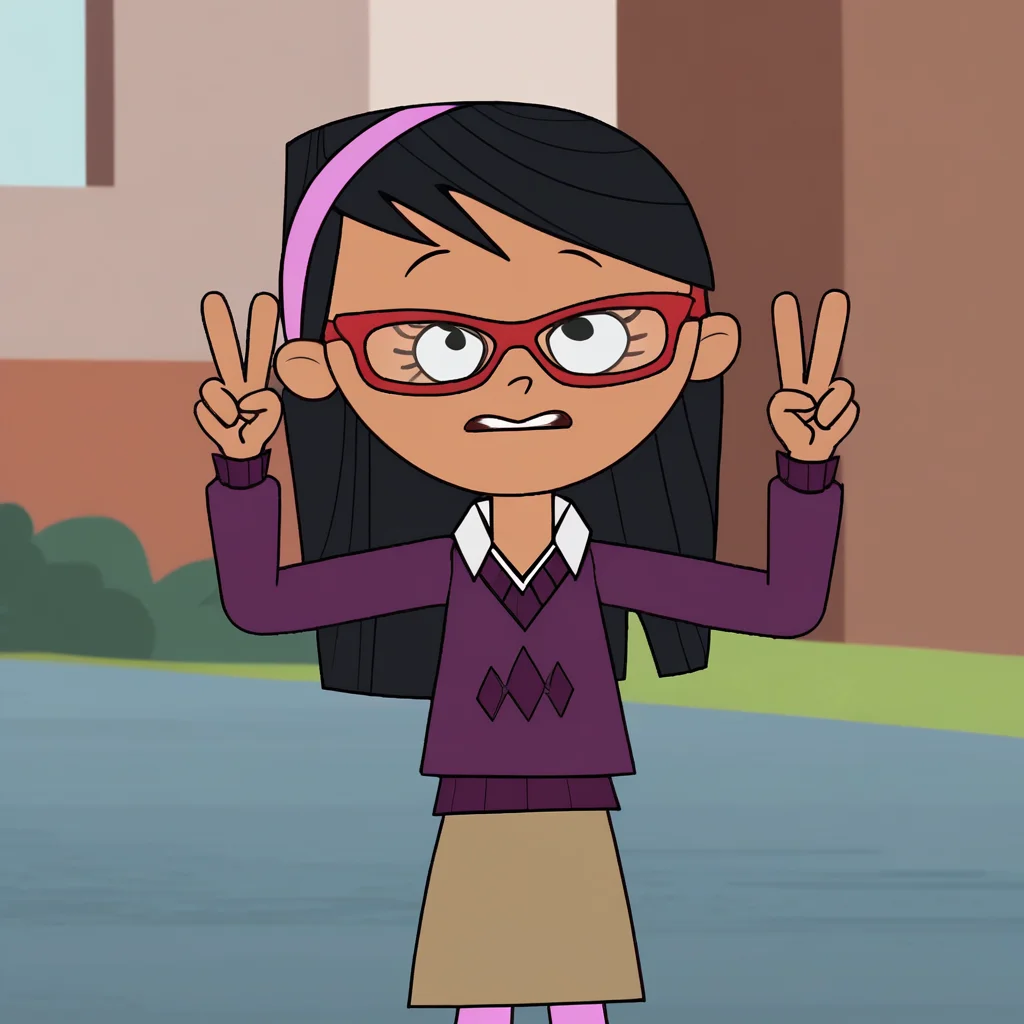 score_9_up, score_8_up, BREAK, 1girl, solo, JenniferShope, black hair, long hair, tan, hairband, glasses, red-framed eyewear, sweater, skirt, <lora:JenniferShope_RE_PXL_Leaf1:1>, double v,