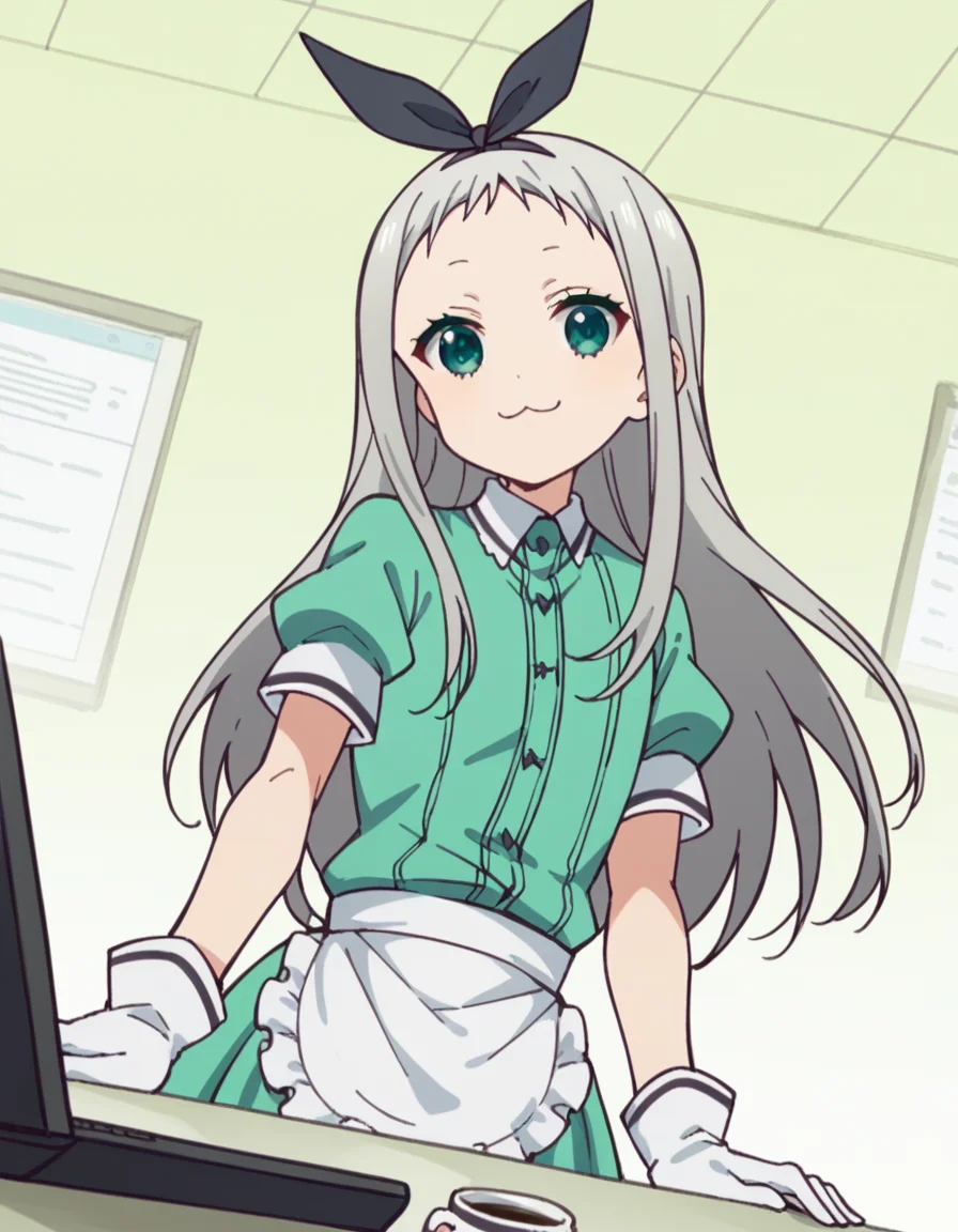 score_9, score_8_up, score_7_up, source_anime, <lora:hideri-kanzaki-s1-ponyxl-lora-nochekaiser:1>, hideri kanzaki, long hair, bow, green eyes, hair bow, grey hair, male focus, hairband, black hairband, otoko no ko, forehead,, gloves, dress, short sleeves, frills, puffy sleeves, white gloves, apron, puffy short sleeves, waist apron, white apron, frilled apron, waitress,, home office, working from home, computer screen, coffee cup, focus, deadline, smile, looking at viewer, hand on thigh, elbow bent, foot pointed, solo,, cowboy shot, dutch angle