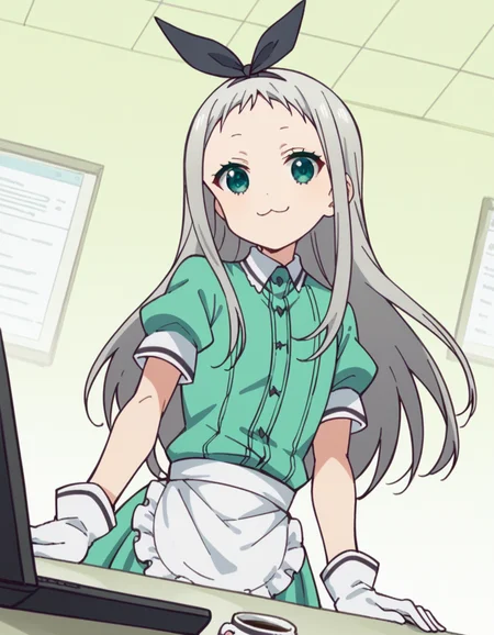 score_9, score_8_up, score_7_up, source_anime, <lora:hideri-kanzaki-s1-ponyxl-lora-nochekaiser:1>, hideri kanzaki, long hair, bow, green eyes, hair bow, grey hair, male focus, hairband, black hairband, otoko no ko, forehead,, gloves, dress, short sleeves, frills, puffy sleeves, white gloves, apron, puffy short sleeves, waist apron, white apron, frilled apron, waitress,, home office, working from home, computer screen, coffee cup, focus, deadline, smile, looking at viewer, hand on thigh, elbow bent, foot pointed, solo,, cowboy shot, dutch angle