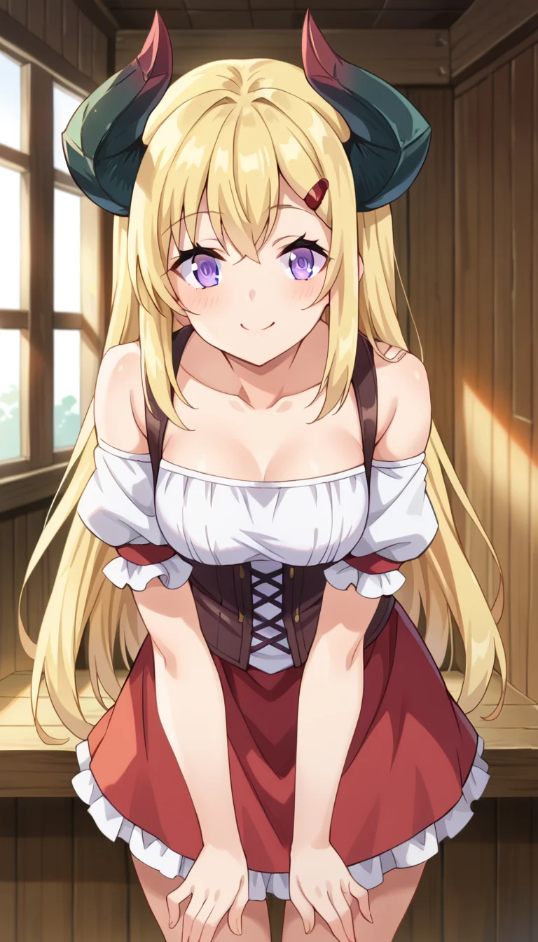score_9, 1girl, solo, smile, indoors, cabin, blush, LastismunINN, blonde hair, long hair, purple eyes, dragon horns, hairclip, LastiFarm, shirt, collarbone, bare shoulders, corset, puffy short sleeves, red skirt, leaning forward