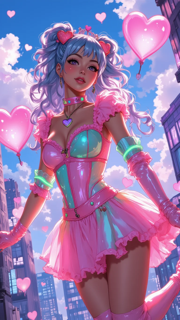 This hyper-realistic digital portrait features a luminous young woman floating against a glowing pastel skyline, surrounded by candy-colored clouds and softly pulsing neon hearts. Her caramel-toned skin glistens under iridescent lighting, and her large lilac eyes reflect the dreamy cityscape below. Cotton-candy blue curls tumble around her shoulders, styled into twin puffs with holographic heart clips and a translucent tiara hovering just above her head. She wears a whimsical, voluminous bodysuit made of fluffy tulle and sheer neon mesh in glowing pink, mint, and electric peach. The sweetheart neckline is trimmed with ruffled satin and heart-shaped embroidery that softly illuminates. Rainbow latex sleeves puff at the elbows, tapering into delicate gloves with glowing fingertips. A neon choker with a floating heart pendant pulses to her heartbeat. She poses mid-twirl, suspended like a Valentine fairy in a dreamy, electric sky. <lora:RealAnime:0.7500000000000001> <lora:Tiger_Kittens_Jessica:0.3500000000000001> <lora:Valentine_Couture:0.7500000000000001>
