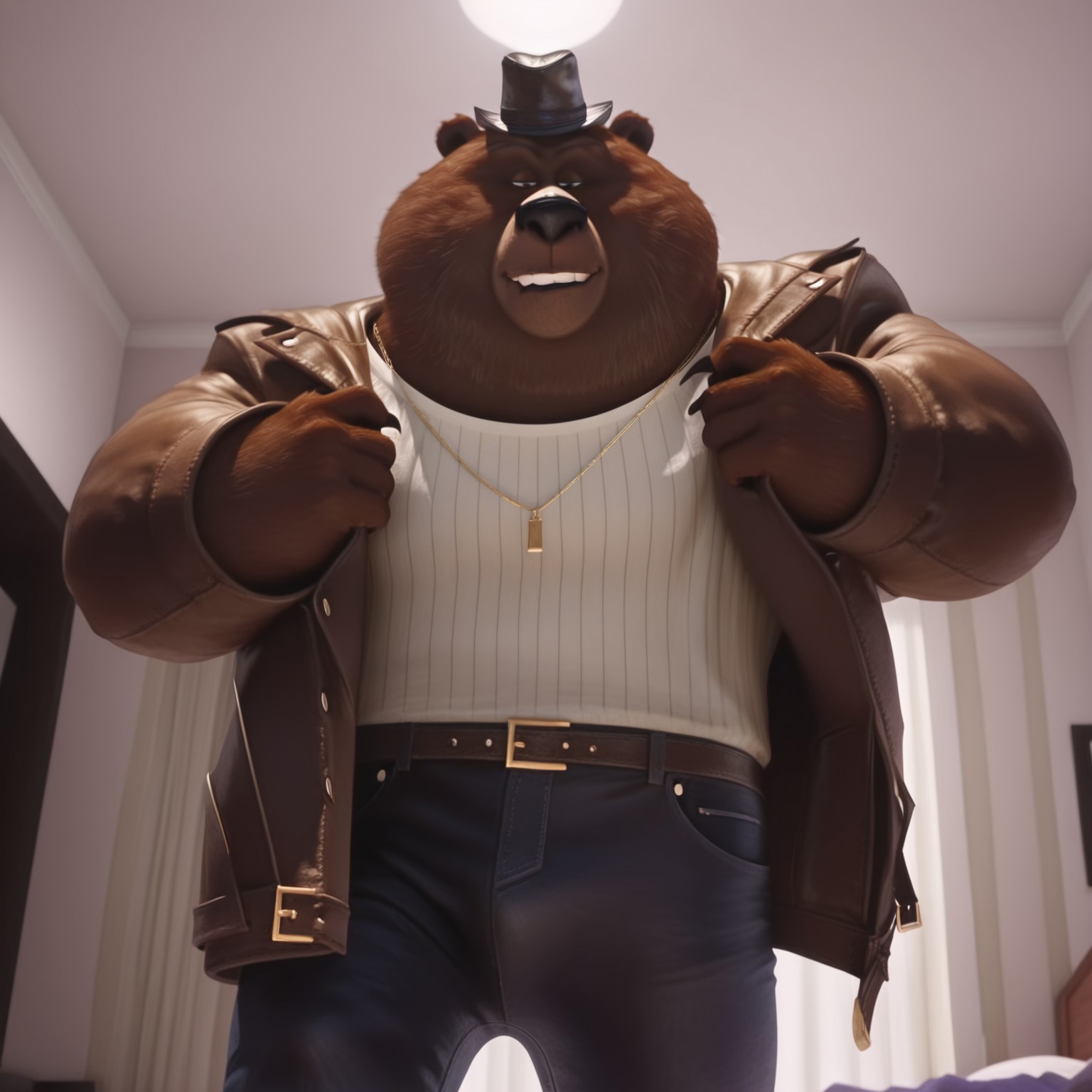 Bear_leader, Full body, realistic, standing, bedroom background, (((undressing))), hat,  raised eyebrown, half closed eyes,  white shirt, gold chain, belt, jeans pants, ((half body)), inside, from below, Dynamic angle, closer view, smiling, looking at viewer, bulge, removed jacket, biting lips, teeth , Brown arms, 