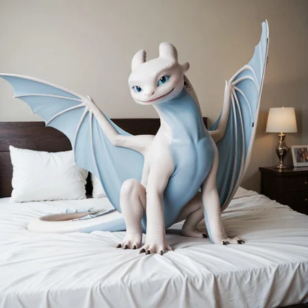 score_9, score_8_up, score_7_up, score_6_up, score_5_up, score_4_up, masterpiece, high quality, realistic, detailed, best quality, white bed, solo, rating_safe, source_furry, bedroom, smiling, seductive, looking at viewer, on bed, full body, nubless_httyd, dragon, white scales, wings, tail, female, 1girl, blue eyes