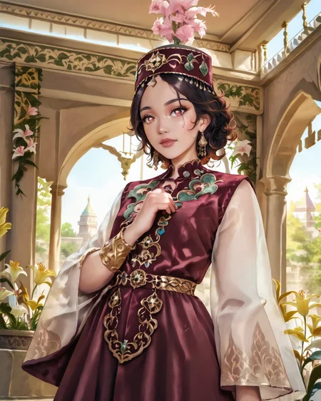 score_9, score_8_up, score_7_up, 1girl, wearing green kazfa, pink embroidery, waist-up, wavy dark hair, beautiful eyes, very detailed clothes, gold accents, gorgeous gazebo, Moroccan architecture, lilies, nature, masterpiece, highest quality, absurdres, 8k, trending on artstation, (detailed,best quality:1.2), detailed face, detailed hair, <lora:ITITI:1>, PRSNL_3_1, <lora:KazakhFashionXL:1.1>
