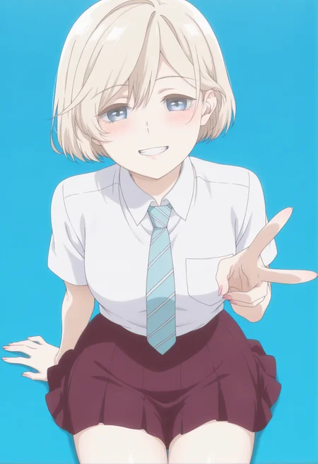 anime screencap, anime coloring, <lora:DX888Niina:1> sugawara niina, blue eyes, blonde hair, short hair, BREAK simple background,  blue background,  BREAK  school uniform, white shirt, striped necktie, skirt BREAK   1girl, blush, breasts, grin, gyaru v,  looking at viewer, sitting, solo, thighs, v, arm support, (from above:1.2), (from side:0.9)