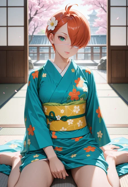 masterpiece,best quality,absurdres,highres,very aesthetic,high quality,detailed,insanely detailed,beautiful,perfect lighting, ,depth of field,blurry background,bokeh, looking at viewer,
<lora:Kuin Hachisuka illu:1> 1girl, short hair, green eyes, orange hair, white eyepatch, hair over one eye,
outdoors,cherry blossoms,standing,cowboy shot, , indoors, kimono, hair flower, floral print, wariza, kneeling,