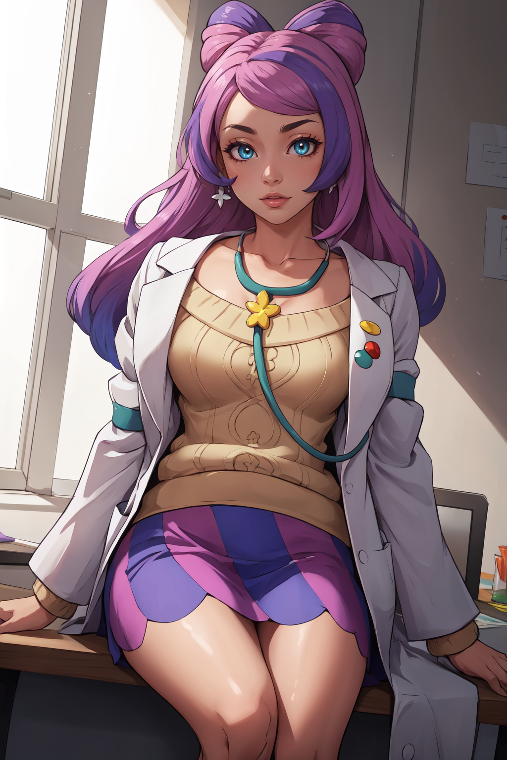 (masterpiece, best quality, absurdres, 4k, aesthetic, detailed, intricate, perfect lighting),1girl, miriam (pokemon),multicolored hair, v shaped eyebrows, lab coat, sweater, skirt  <lora:PKMN_Miriam-DEF:0.7>