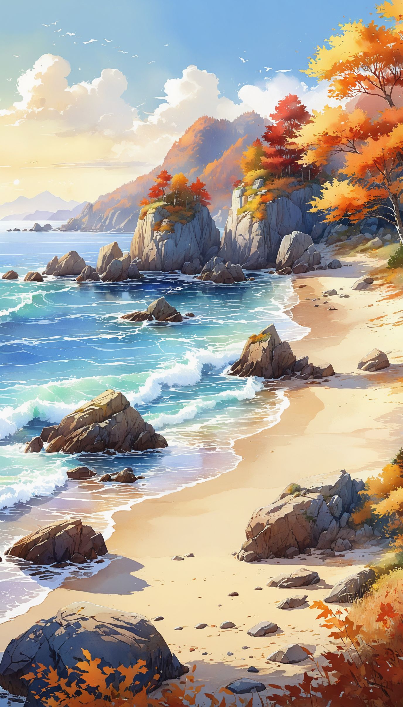 best quality,high quality  (picturesque  landscape outline, (style of detailed graphic sketch:0.7), style of ink and wash watercolor sketch :0.7) of a
impressive immersive environment,
sea shore in
autumn in the morning , clear weather,
global lighting, 8k resolution, detailed, focused,
pixiv contest winner,divine view,
( style of Tyler Edlin,(style of Thomas W Schaller:0.3)  :0.8)