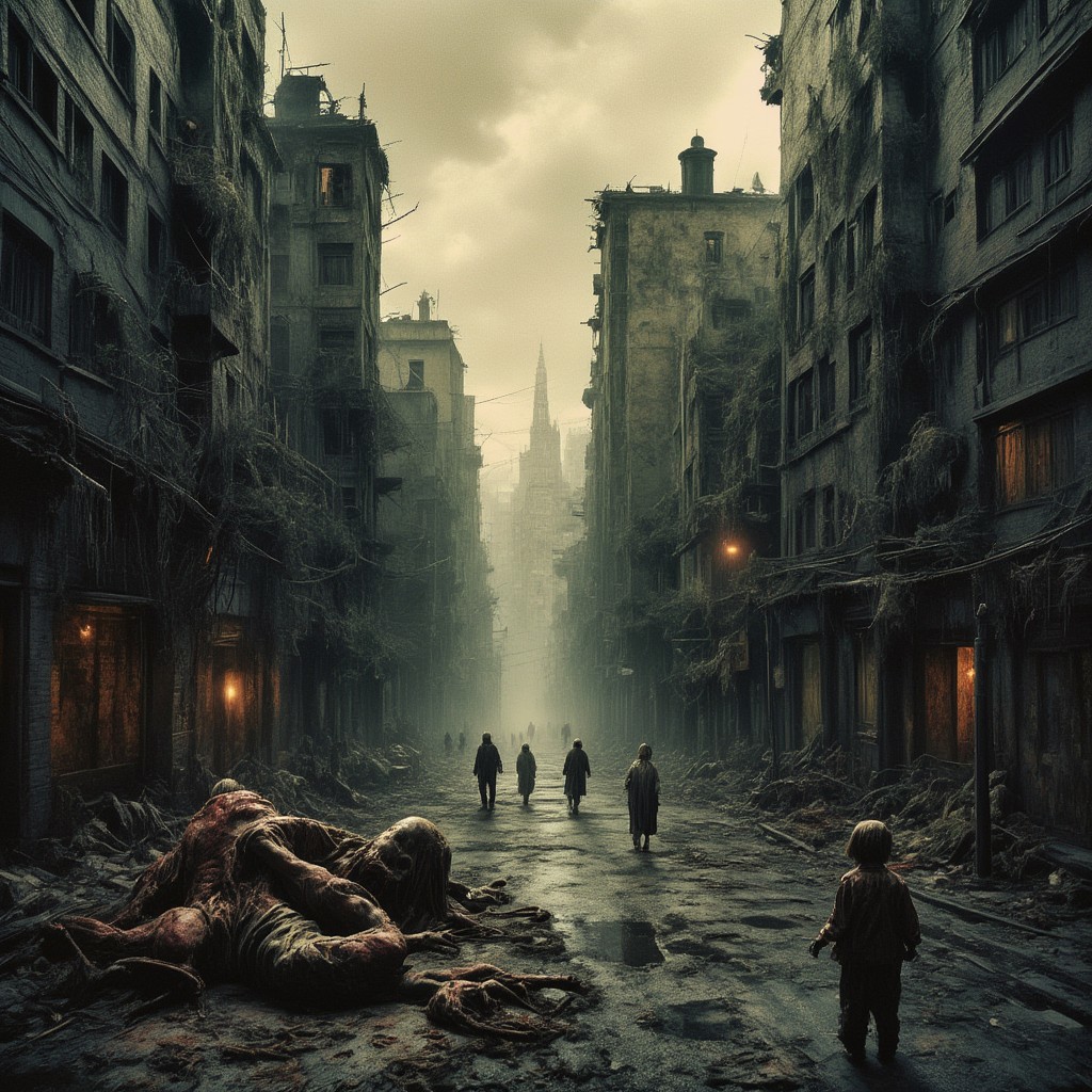 high quality, 8K Ultra HD, This artwork envisions a metropolis where elements of nightmarish surrealism converge into a scary, gore, horror scene, (zombies roaming around town:1.5), Escher's influence is subtly incorporated, transforming the city into an intricate, mind-bending spectacle, Stark contrasts between light and dark enhance the dreamlike quality of the scene, creating an unsettling yet captivating urban horrific dreamscape, photorealistic, ultra realistic