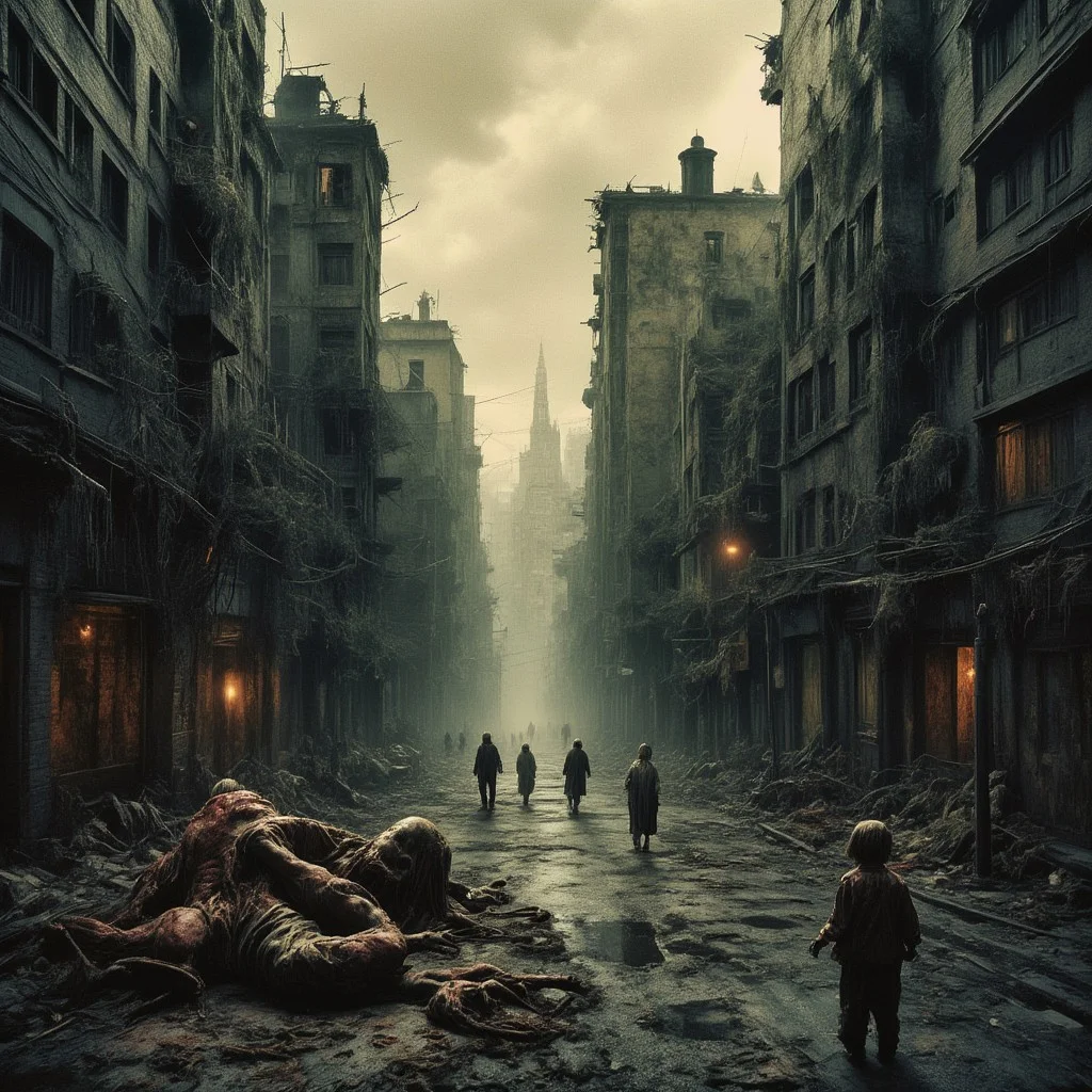 high quality, 8K Ultra HD, This artwork envisions a metropolis where elements of nightmarish surrealism converge into a scary, gore, horror scene, (zombies roaming around town:1.5), Escher's influence is subtly incorporated, transforming the city into an intricate, mind-bending spectacle, Stark contrasts between light and dark enhance the dreamlike quality of the scene, creating an unsettling yet captivating urban horrific dreamscape, photorealistic, ultra realistic