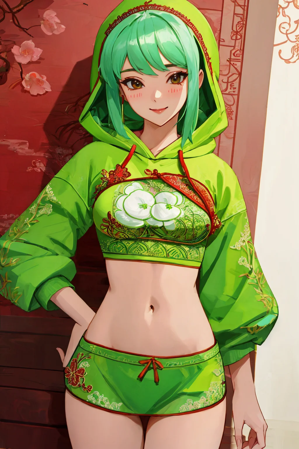 Masterpiece, absurdres, fine detail, HDR,
(dudou,dudou_embroidery:1.3),([hoodie|dudou]::0.5),
(hoodie:1.2), a woman posing for a picture, smiling ,  chinese style,green,navel cutout,
 <lora:DudouHoodies:0.78>