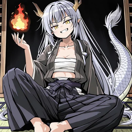 lazypos, girl focus, horns, sarashi, tail, solo, pointy ears, yellow eyes, 1girl, barefoot, smile, sitting, japanese clothes, dragon tail, looking at viewer, fire, grin, long sleeves, collarbone, head tilt, dragon horns, chest sarashi, open clothes, grey hair, fingernails, dragon girl, slit pupils, hakama, pants, hand up, wide sleeves, tsuzustyle, bWVy