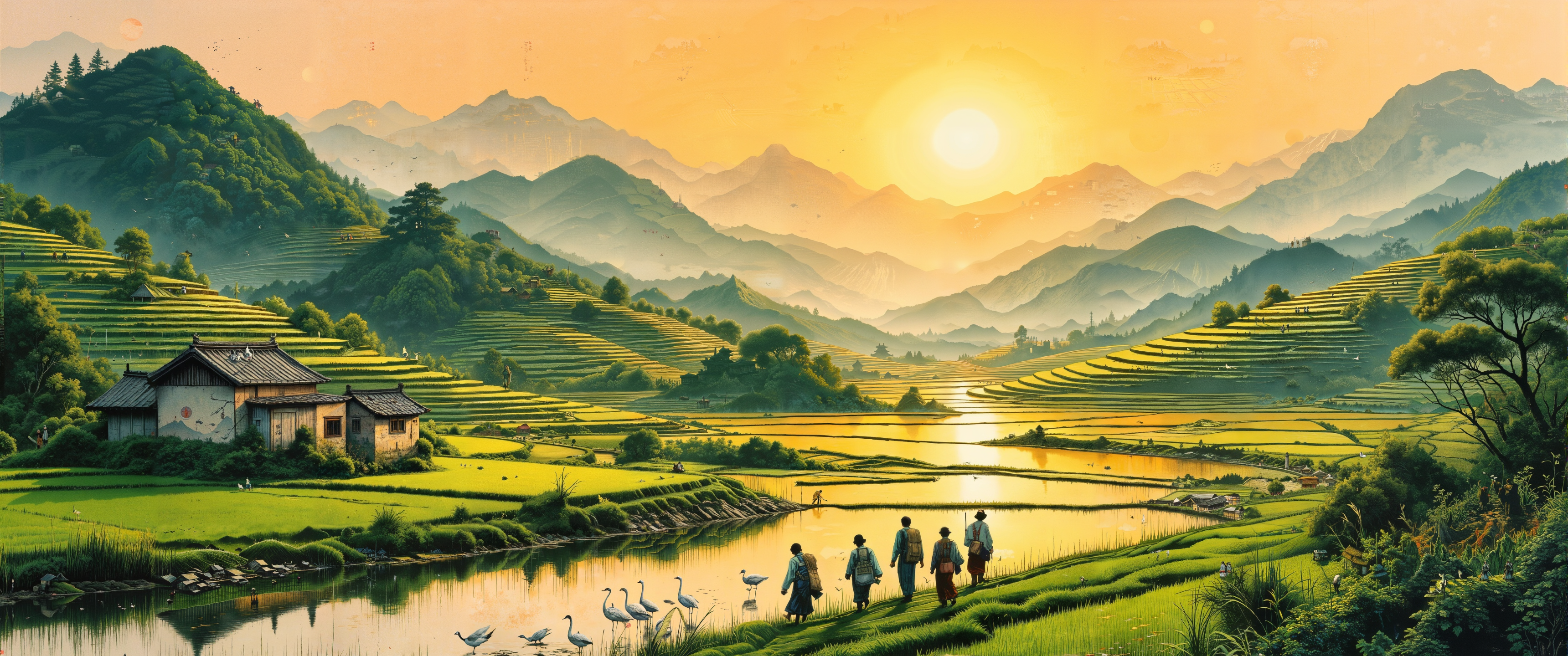 Traditional Korean calligraphy brush painting depicting a verdant rice terrace landscape at sunset, rendered in sumuk ink with subtle hanji paper texture visible beneath. Terraced paddies reflect golden sunlight, creating a geometric pattern across hillsides. Mountain silhouettes in distance fade into misty atmosphere using traditional Korean spatial perspective. Farm buildings with ondol heating chimneys nestle between fields. Farmers in traditional hanbok returning home with A-frame jige backpacks, capturing rural jeong sentiment. Delicate crane pair wades in paddy water. Rich obangsaek color palette transitions from vibrant greens to amber hues. Elegant red chop seal in corner with minimalist calligraphy. Balance of detailed foreground elements with nebulous background mountains. Captures essence of traditional Korean agricultural heritage with authentic Joseon dynasty painting techniques. <lora:Synesthesia:0.4> <lora:Vintage comic book:0.7> <lora:CPA:0.2> <lora:boFLUX Double Exposure Magic v2:0.6> <lora:flux_dev:1>