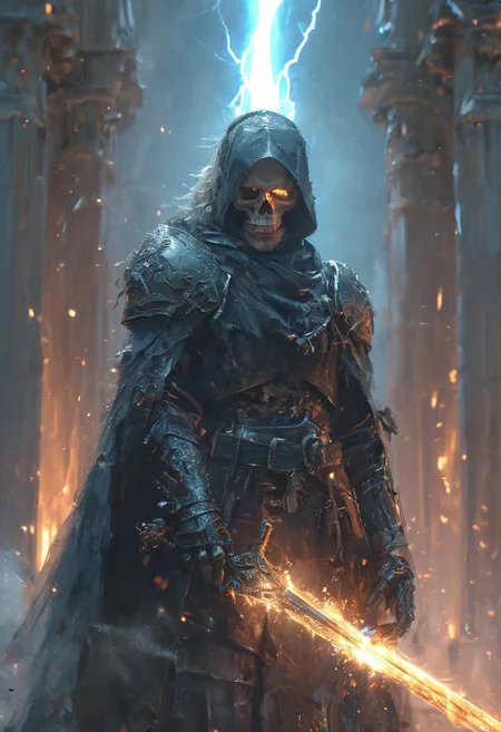 WLOP art style, look at the audience, (((((Skull))))), (((undead))), with glowing eyes, wearing knight armor and holding a sword, Head up and chest out, Smoke and lightning behind, (((lightning light))), ((Exploding lightning behind)), Commoner clothes, cloth girdle, rag scarf, rag clothes, shoulder armor, arm armor, eye light, sharpness,  cinematic foootage, (full body), intricate details,8k post production, faithful, Religious denomination,colorful cinematic, blue fire tone