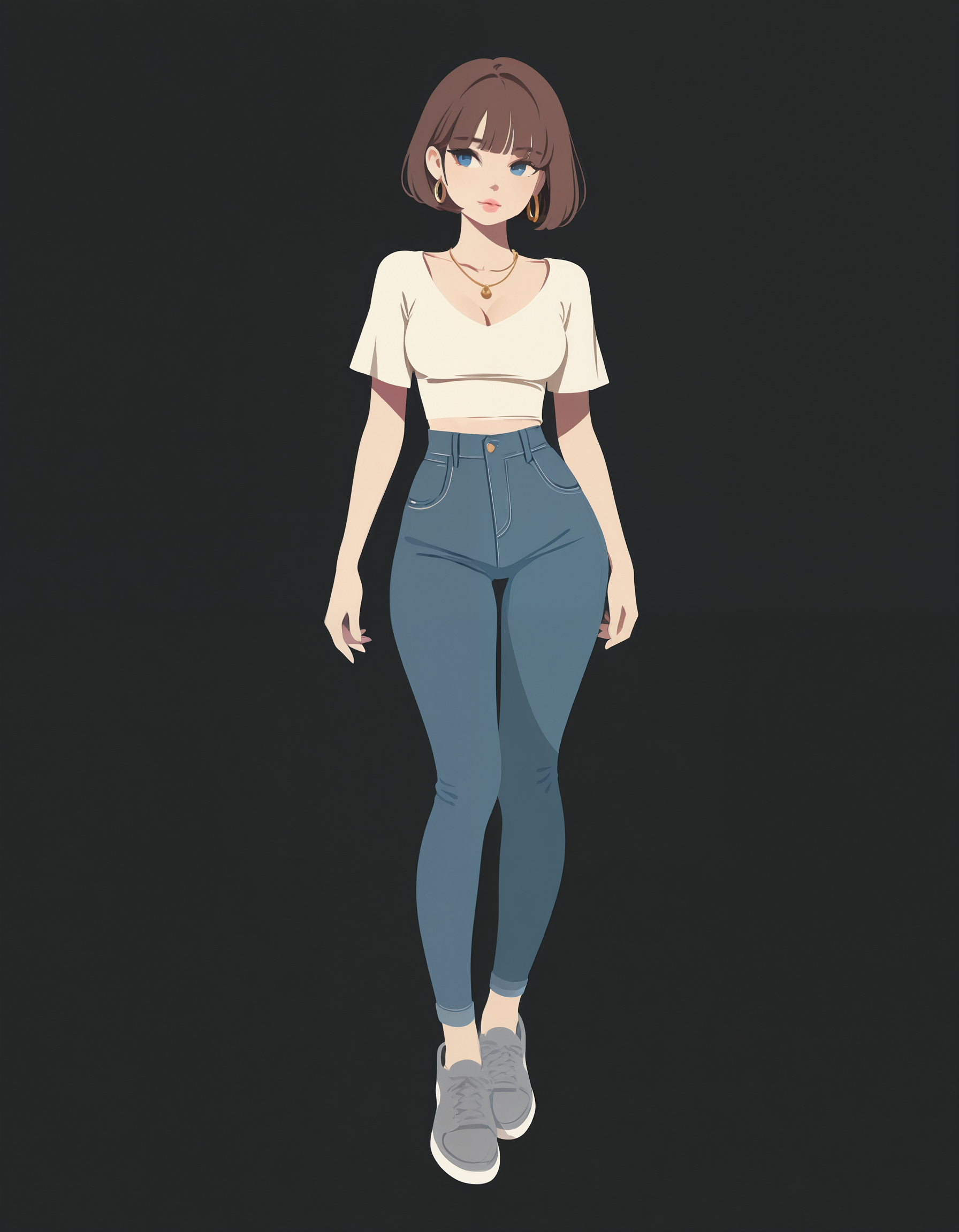 minimalistic, flat color, no lineart, full body, 1girl, brown hair, bob haircut, bangs, blunt fringe, cute face, tight white v-shirt, medium breasts, cleavage, blue eyes, petite, thin waist, blue jeans, grey shoes, golden necklace, ear rings, pink lips, simple black background