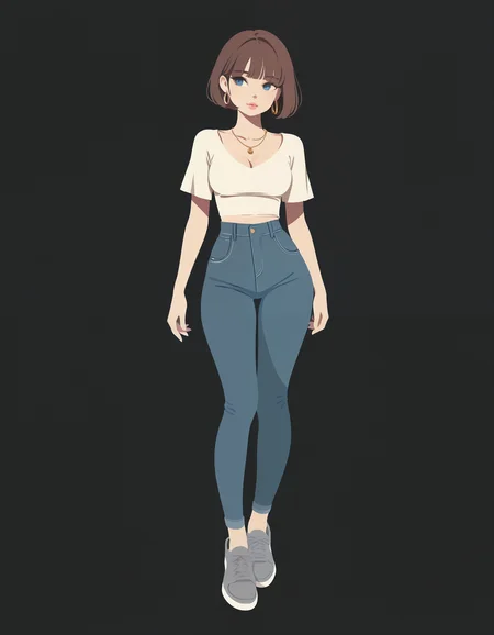minimalistic, flat color, no lineart, full body, 1girl, brown hair, bob haircut, bangs, blunt fringe, cute face, tight white v-shirt, medium breasts, cleavage, blue eyes, petite, thin waist, blue jeans, grey shoes, golden necklace, ear rings, pink lips, simple black background