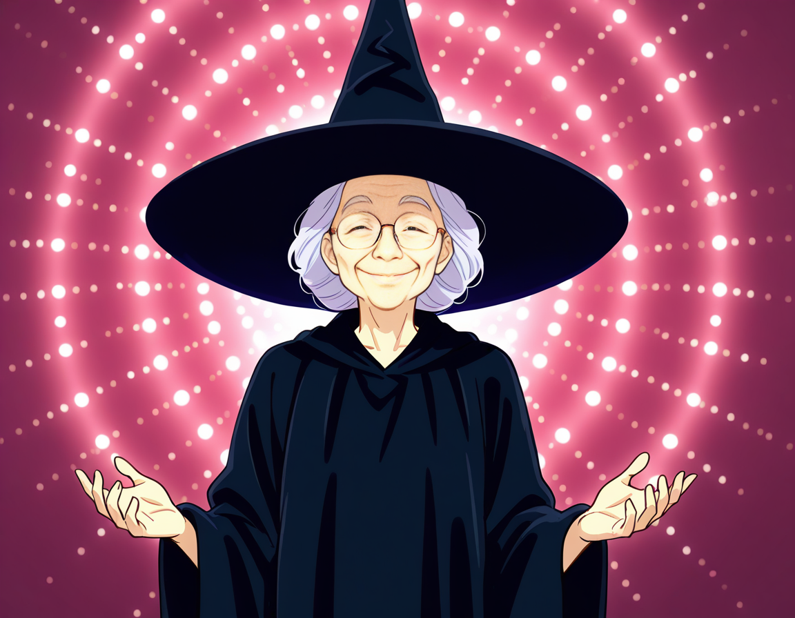 score_7_up, anime BREAK official art, solo, 1girl, one girl, 
<lora:nerunerunerune:1>, nerunerunerune, 
solo, glasses, witch hat, old, smile, old woman, parody, male focus, wizard, robe, radial light panel, 1girl, umai!, meme, 
(masterpiece:1.3), best quality, high resolution, unity 8k wallpaper, extremely detailed CG, 8K, (watercolor \(medium\), muted color, sketch:1.1), perfect anatomy, highly finished, masterpiece, best quality, high quality, amazing quality, great quality, very aesthetic, ultra detailed, highres, absurdres, highly detailed, highly detailed background,