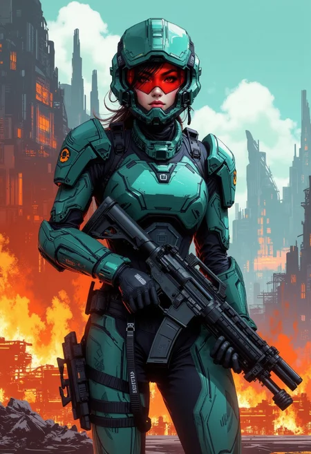 inksketch, A digital painting in the style of ck-js,  portrait of a stunning chinese female sci-fi soldier, teal power armor, assault weapon, standing in front of burning alien settlement
