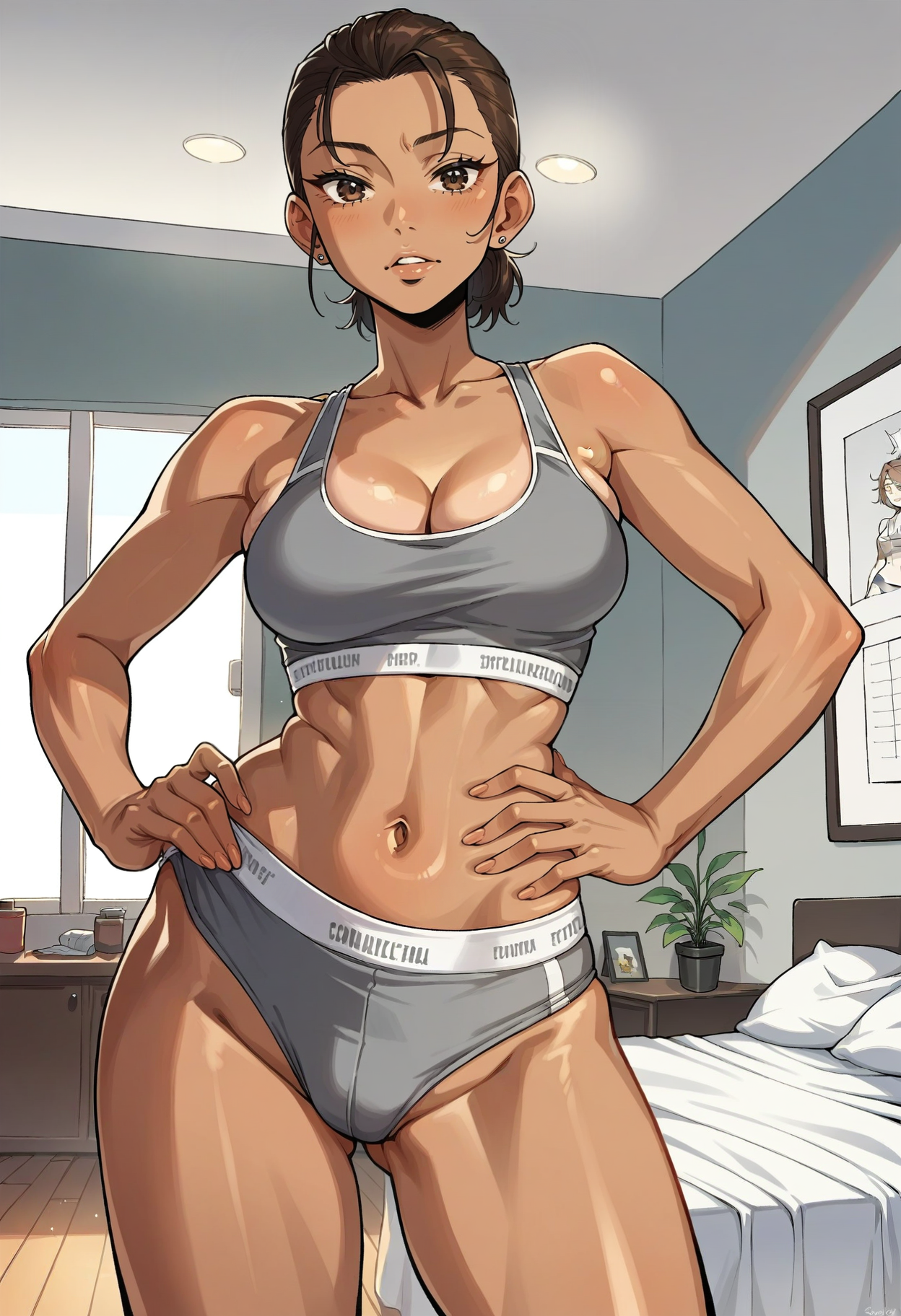 score_9, score_8_up, score_7_up, score_6_up, source_anime, <lora:CalvinKleinSF:0.7>, <lora:BGImJinHee:1>, BGImJinHee, 1girl, brown hair, short ponytail, brown eyes, dark skin, forehead, 
CalvinKleinSF, calvin klein, sports bra, grey panties, wedgie, grey bra, skindentation, cleavage, 
standing, looking at viewer, hand on own hip, 
BREAK on bed, indoors,