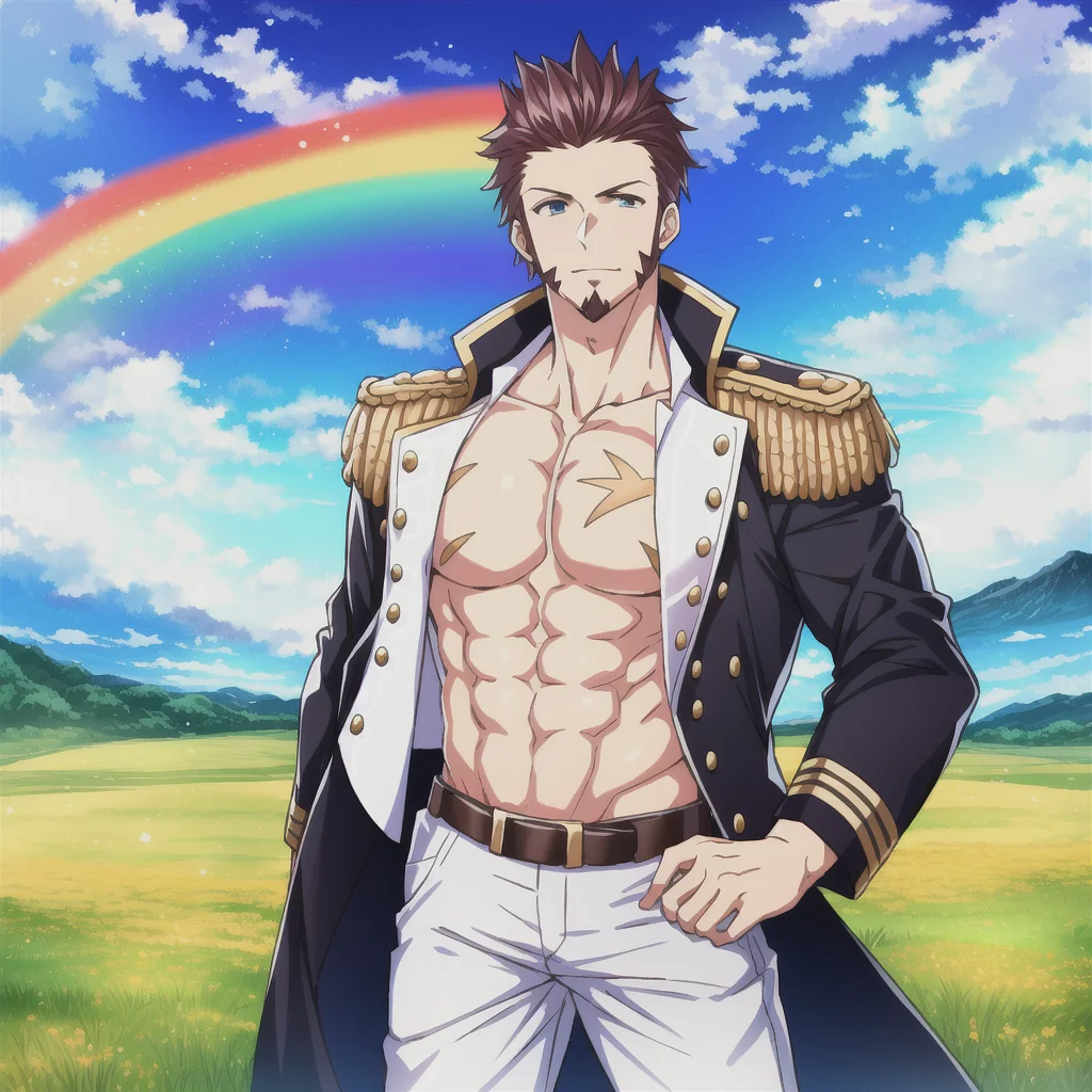 highres, masterpiece, high quality, napoleon bonaparte \(fate\), male pectoral cleavage, military uniform, goatee, standing in a field with a rainbow in the background