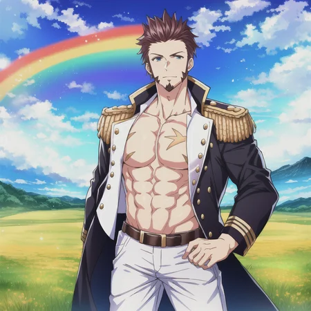 highres, masterpiece, high quality, napoleon bonaparte \(fate\), male pectoral cleavage, military uniform, goatee, standing in a field with a rainbow in the background