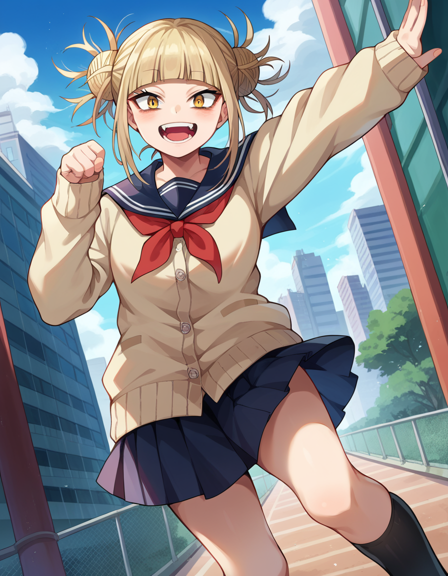 score_9, score_8_up, score_7_up, source_anime,
himikotoga, <lora:himiko-toga-ponyxl-lora-nochekaiser:1>,
himiko toga, bangs, blonde hair, yellow eyes, blunt bangs, hair bun, double bun, messy hair, smile, open mouth,
skirt, long sleeves, school uniform, pleated skirt, shoes, serafuku, socks, sailor collar, blue skirt, neckerchief, kneehighs, brown footwear, cardigan, black socks, loafers, red neckerchief, yellow cardigan,
outdoors, cityscape,
looking at viewer, cowboy shot, dutch angle, dynamic pose,