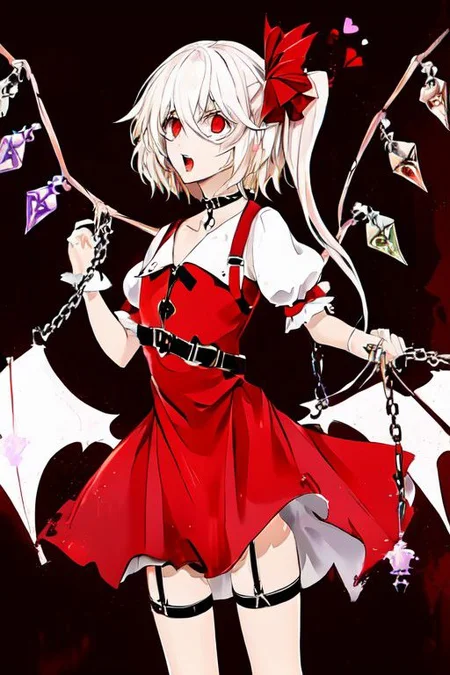 flandre_scarlet_(koumajou_densetsu), wh1te, wings, choker, white chain, bat wings, o-ring, garter belt, skull, harness, bondage harness, body harness, breasts,