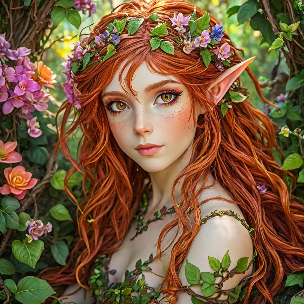 "An upper body photo of an enchanting elven nymph with vibrant red hair cascading in loose waves, adorned with a crown of delicate flowers and lush green leaves. Her large, golden eyes are filled with a mystical glow, and her freckled skin enhances her ethereal beauty. She is dressed in a natural, vine-woven outfit that blends seamlessly with the surrounding flora. The background is a blooming garden filled with colorful flowers and rich greenery, bathed in warm, golden sunlight, creating a magical, fairy-tale atmosphere."
