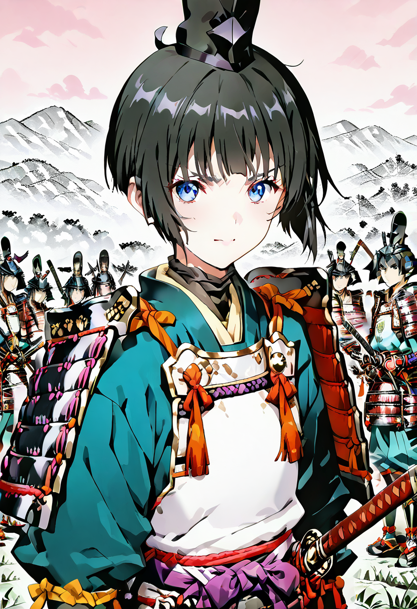 masterpiece, best quality, absurdres, detailed skin, detailed eyes, anime colored, anime screencap,
<lora:SaitoE:1>, SaitoE, black hair, no headwear, looking at viewer, 
<lora:oyoroi-000008:1> , oyoroi, samurai, armor, shoulder armor, katana,
<lora:tateeboshi-000001:1> , eboshi, ((tateeboshi)), large hat,
mountainous horizon,