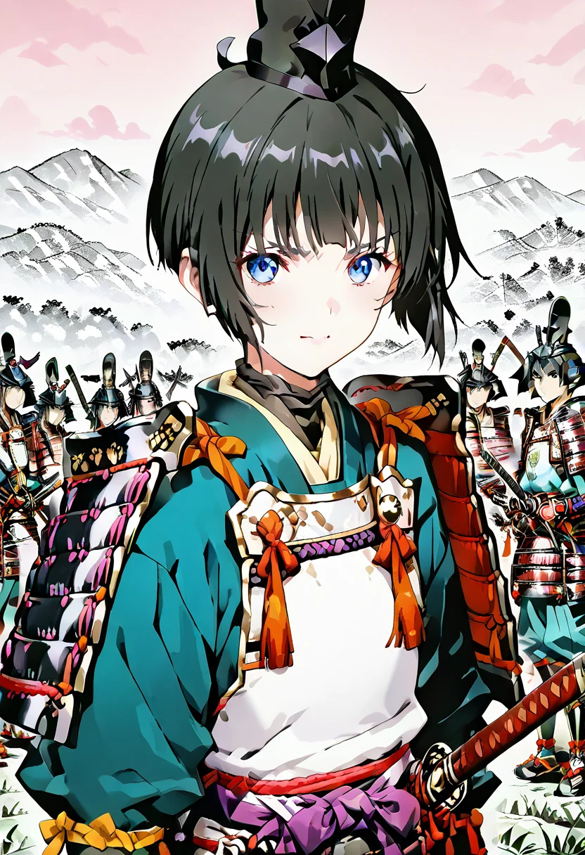 masterpiece, best quality, absurdres, detailed skin, detailed eyes, anime colored, anime screencap,
<lora:SaitoE:1>, SaitoE, black hair, no headwear, looking at viewer,
<lora:oyoroi-000008:1> , oyoroi, samurai, armor, shoulder armor, katana,
<lora:tateeboshi-000001:1> , eboshi, ((tateeboshi)), large hat,
mountainous horizon,