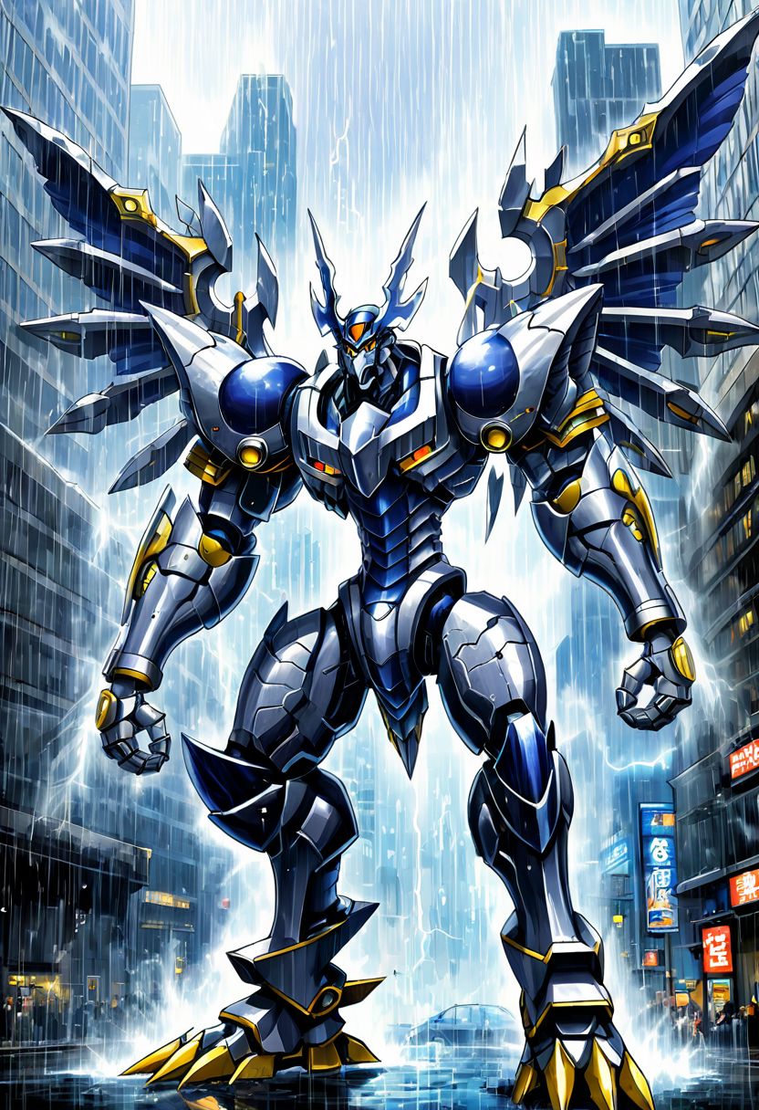 score_9, score_8_up, score_7_up, score_6_up, score_5_up, score_4_up,rating safe,source_anime,a mecha dorugoramon with energy wings holding an energy lance in a city with a deluge of rain falling from the sky,epic,apocalyptic,biomechanical,giant robot