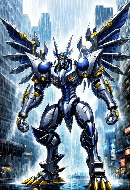 score_9, score_8_up, score_7_up, score_6_up, score_5_up, score_4_up,rating safe,source_anime,a mecha dorugoramon with energy wings holding an energy lance in a city with a deluge of rain falling from the sky,epic,apocalyptic,biomechanical,giant robot