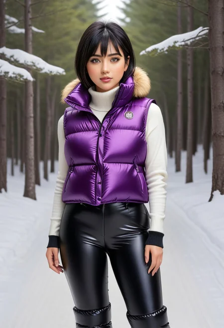((((puffer padded vest)))), ((((puffer padded vest)))), ((((full body)))), ((((fur boots)))), ((((puffer pants)))), winter, snow, forest, 1girl, solo, (masterpiece), detailed face, detailed eyes, (beautiful detailed eyes:1.5), sidelighting, (super detail, hyper detail, intricate_details, detailed), (semi realistic:1.6), (Bob cut), blunt bangs,(black hair), (purple eyes, eyelashs), smug smile, angry face, golden armlets, padded collar, Thick padded collar, <lora:Collar-SDXL:0.6>, <lora:cropped_puffer_vest_v2:0.4>, <lora:snowpants_v1:0.4>