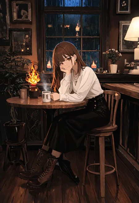 masterpiece, best quality, good quality, very awa, newest, highres, absurdres, 1girl, solo, long hair, looking at viewer, smile, shirt, skirt, brown hair, long sleeves, holding, closed mouth, jewelry, sitting, brown eyes, white shirt, full body, flower, earrings, boots, indoors, black skirt, black footwear, necklace, bag, cup, window, night, brown footwear, chair, table, plant, fire, holding cup, steam, hand on own face, cross-laced footwear, reflection, rain, head rest, wooden floor, mug, hand on own cheek, potted plant, lamp, hand on own chin, stool, coffee, picture frame, vase, coffee mug, drawing \(object\), cafe, wooden table, fireplace, limited palette,
