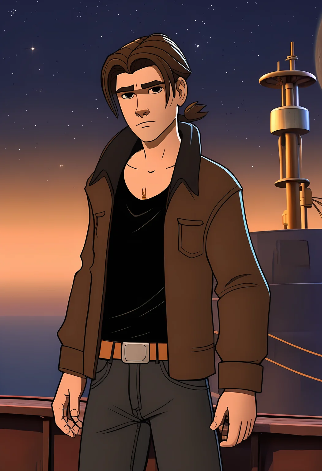 3d animation of HawkJim, Grand Theft Auto style, 15 years old, male, gold earring, short pirate tail, brown jacket, black shirt, looking at viewer, neutral expression, high quality, stars in sky background, ship deck, space <lora:HawkJim_man-000005:0.8>