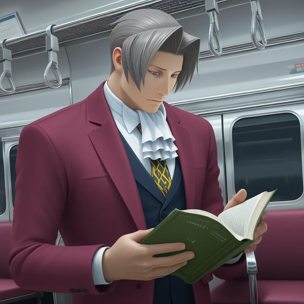 Miles Edgeworth, 1boy, male focus, perfect eyes, looking down, chair, grey eyes, necktie, looking at book, standing, realism, short hair, train interior, front, bossy