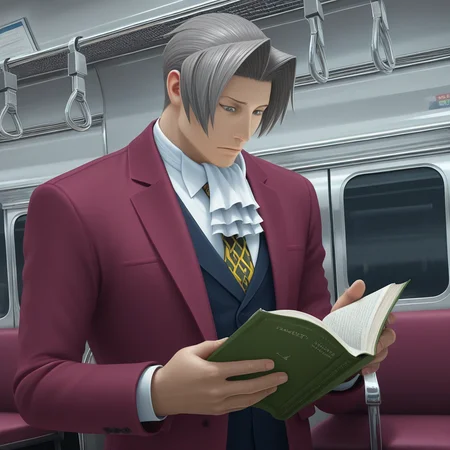 Miles Edgeworth, 1boy, male focus, perfect eyes, looking down, chair, grey eyes, necktie, looking at book, standing, realism, short hair, train interior, front, bossy