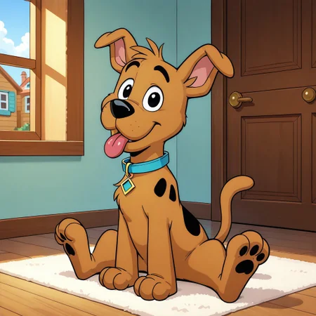 male, a pup named scooby-doo style, black eyes, puppy, no humans, tail, cute,  animal focus, black spot, animal, cartoon, black eyes, solo, cartoon, brown fur, blue collar, black nose, big eyes, tongue out, looking at viewer, indoors, day, house, sitting,
BREAK best quality, amazing quality, very aesthetic, absurdres, newest, masterpiece, mischievous,