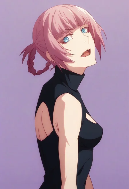 score_9_up, score_8_up, score_7_up, best quality, masterpiece, source_anime, BREAK, (portrait, face focus, close up:1.1),
(Monogatari_Style:1.5), 1girl, 20 years old, NanakusaCropTop, pink hair, short hair, blunt bangs, braid, hair rings, black crop top, turtleneck, cleavage cutout, sleeveless, small breasts, perky breasts, blue eyes, ringed eyes, fang, open mouth, from behind, shaft look, looking back, from behind, head tilt, BREAK,
 purple background, simple background