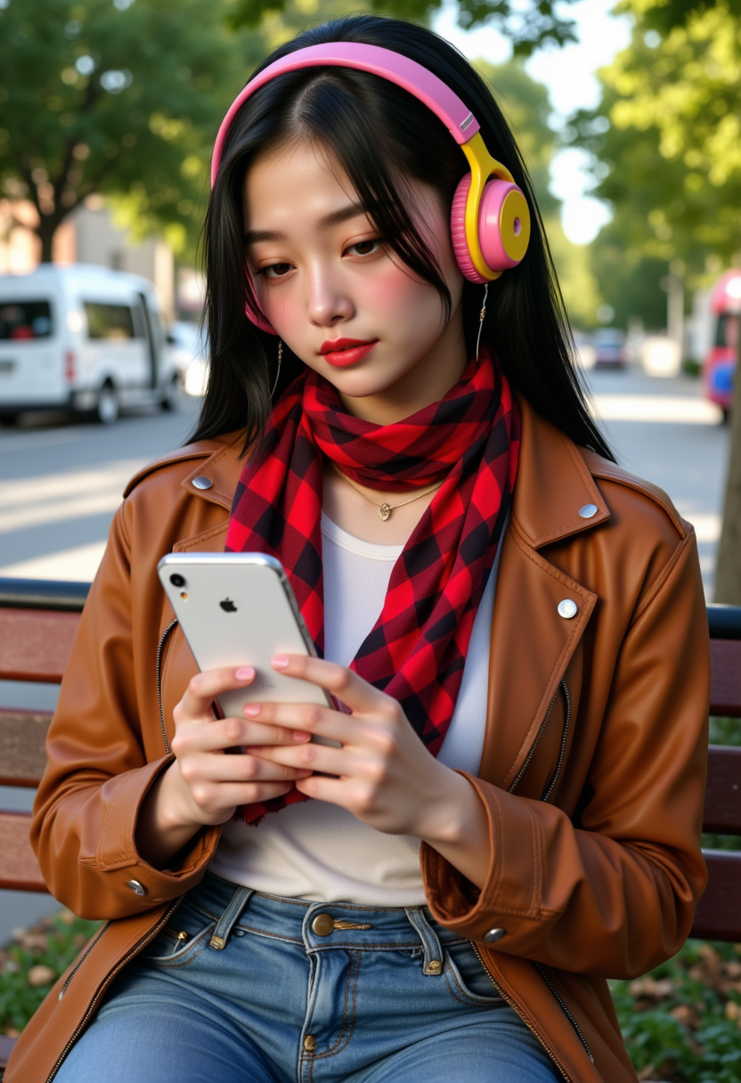 full body view, smiling, she is approximately 18 years old,Hyperrealism, she is looking at the camera, (dynamic angles), profile headshots of a beautiful, stunning unique female character.  she has dark hair. her eyes are filled with joy and excitement, extravagant eyelashes. A photo of Kik0, wearing headphones, the headphones are pink and yellow, wearing a white shirt and earrings. wearing a gold necklace, and red and black checkered scarf, a brown leather jacket, blue denim jeans and black boots, looking down at the iphone in her hands. She is sitting on a bench, waiting for a bus, a beautiful park is in the background, She is looking at the camera with a smirk on her face.  The girl is posing confidently. She has a slight smile on her face and is looking directly at the camera. making this image a masterpiece of photography and digital art. realistic. making this image a masterpiece of photography and digital art. Style: realistic hyper-detailed rendering, 32k UHD, expressive eyes, punk, graphic design, girl's face, pretty and cute, gleaming lips, telling a tale of adventure. Exuding confidence and serenity. The overall mood of the image is happy and relaxed,detailed skin texture,(blush:0.2),(goosebumps:0.3),subsurface scattering,whimsical, perfection style, aidmafluxpro1.1