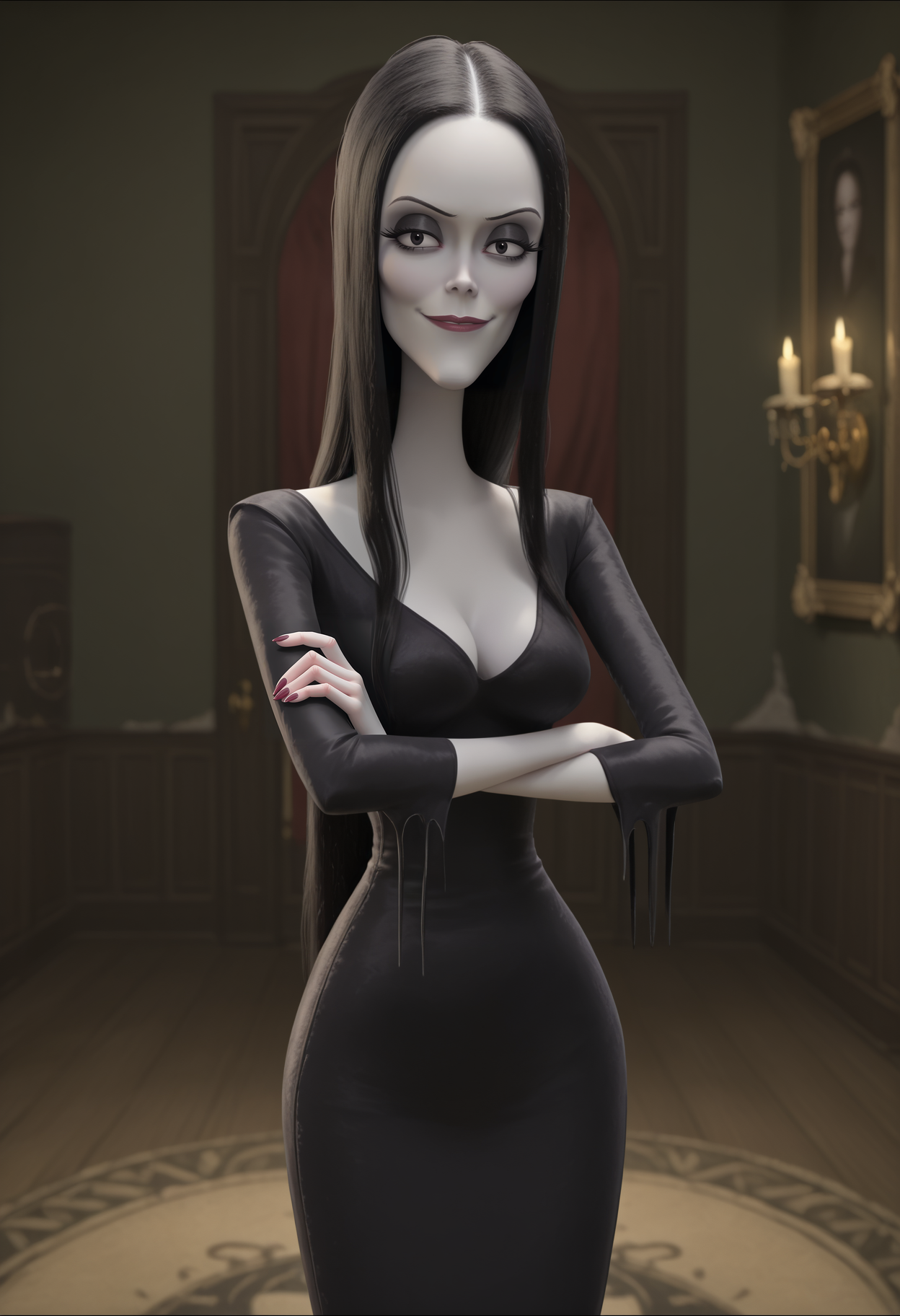 <lora:Morticia_Addams-The_Addams_Family:0.8>,Morticia,mature female,1girl,solo,black hair,long hair,black eyes,makeup,pale skin,breasts,black dress,cowboy shot,crossed arms,looking at viewer,smile,indoors