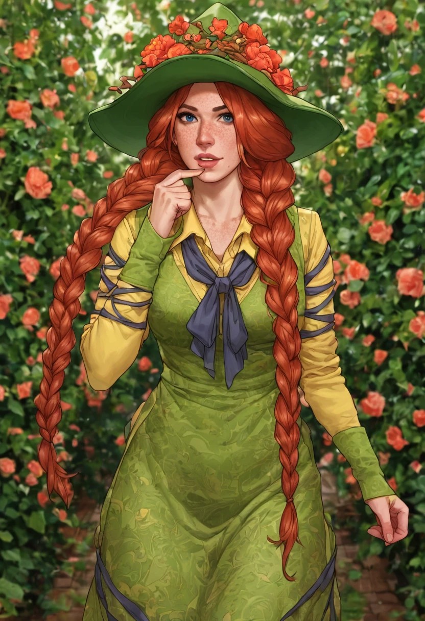 score_9, score_8_up, score_7_up, source_cartoon, BREAK 1girl, Mgarlick, red hair, long hair, twin braids, freckles, Hair over shoulders, Green dress, long sleeves, green hat, hat flowers,