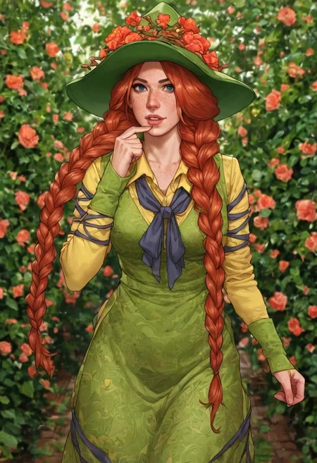 score_9, score_8_up, score_7_up, source_cartoon, BREAK 1girl, Mgarlick, red hair, long hair, twin braids, freckles, Hair over shoulders, Green dress, long sleeves, green hat, hat flowers,