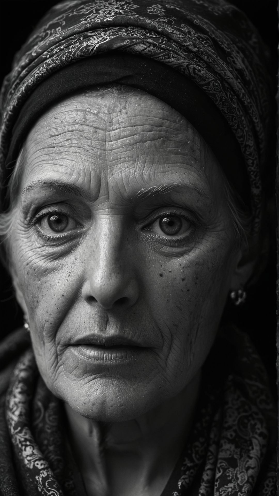 black and white portrait, close-up, elderly woman with deep wrinkles, piercing eyes, weathered skin, traditional attire, intricate headscarf, soft light, high contrast, deep shadows, storytelling through expression 
(masterpiece, award winning artwork)
many details, extreme detailed, full of details,
Wide range of colors, high Dynamic
 <lora:add-detail-xl:1> 
<lora:WildcardX-XL-Detail-Enhancer:0.9>
 <lora:zavy-cntrst-sdxl:0.245> dark, chiaroscuro, low-key 
<lora:RMSDXL_Creative:0.24> 
<lora:dvr-lnds-sdxl:0.22> dvr-lnds-sdxl
