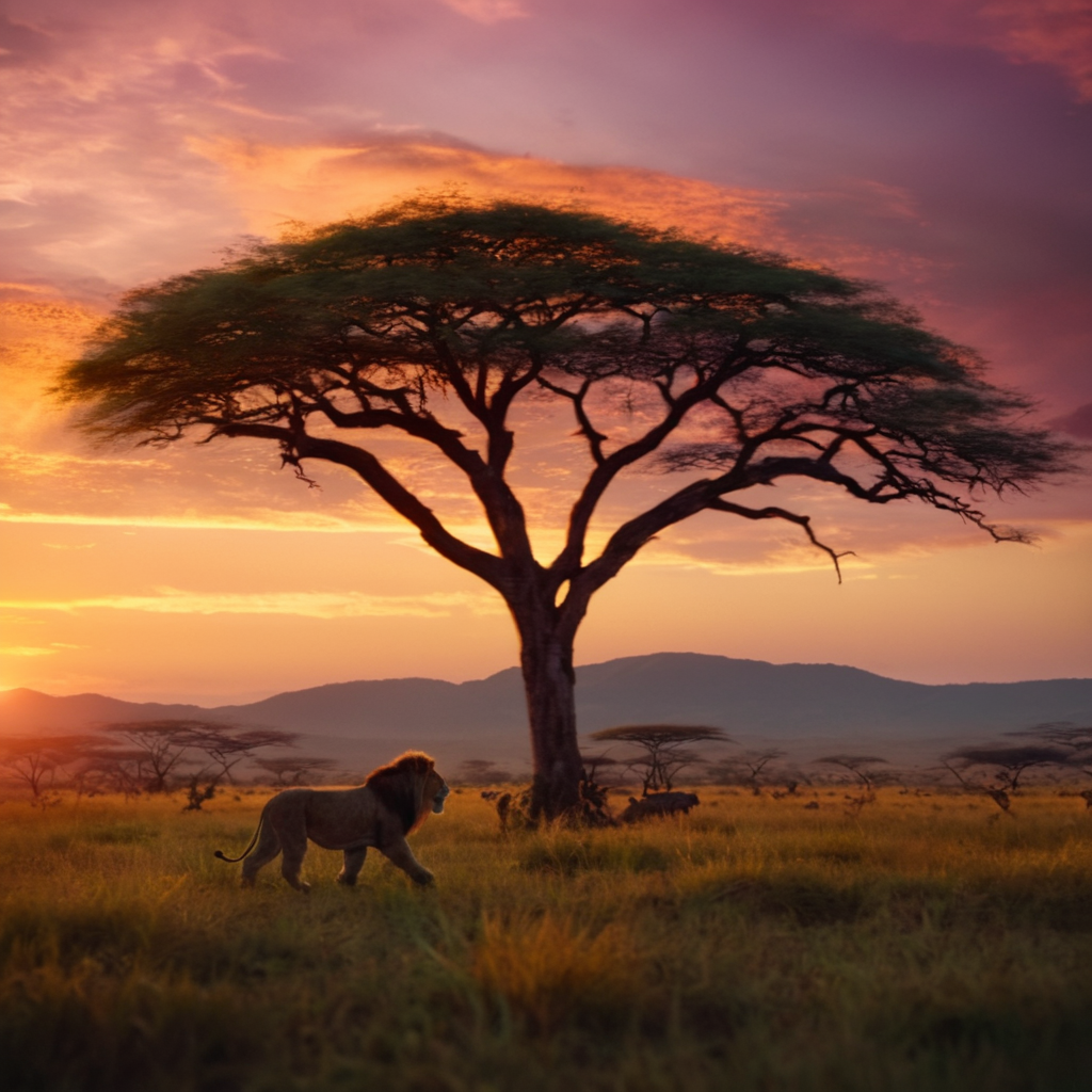 cinematic film still of  <lora:the lion king style:1> the lion king style
In the African jungle an epic colorful sunset with a lone tree in the middle, shallow depth of field, vignette, highly detailed, high budget, bokeh, cinemascope, moody, epic, gorgeous, film grain, grainy