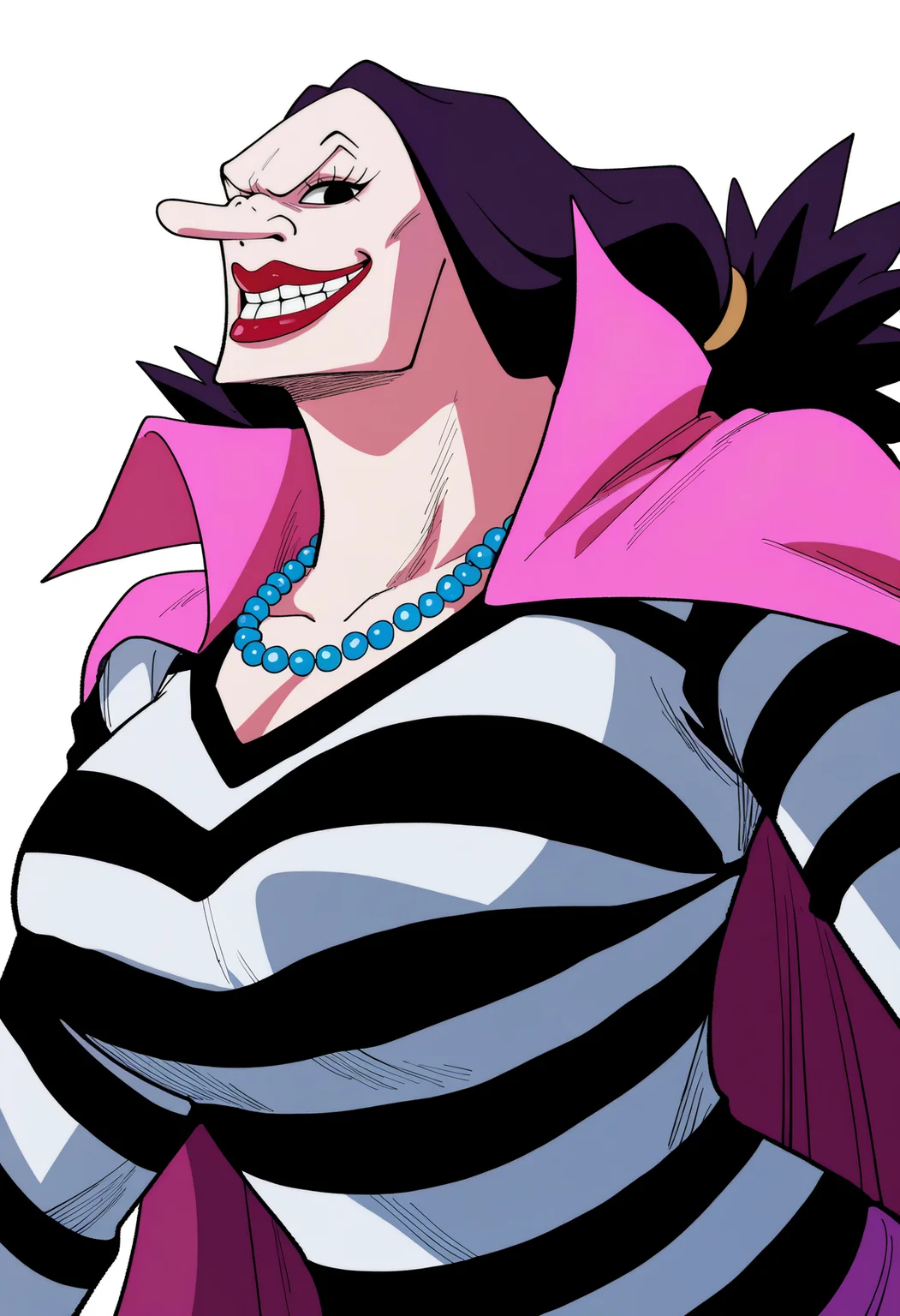 masterpiece, best quality, very aesthetic, absurdres,
1girl, catarinadevon, long hair, black hair, black eyes,
lipstick, pearl necklace, teeth,
prison clothes, pink cape, striped shirt,
upper body, smile,
looking at viewer, solo, simple background, white background,       <lora:CatarinaDevonNoobXL_byKonan:1>
